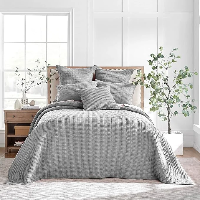 Original Design Levtex Home Mills Waffle Queen Bedspread Set 106x106in with 2 Pillow Shams 26x20in - Grey - Cotton Waffle Queen Size Bedspread Set - Lightweight Soft Pre-Washed Green