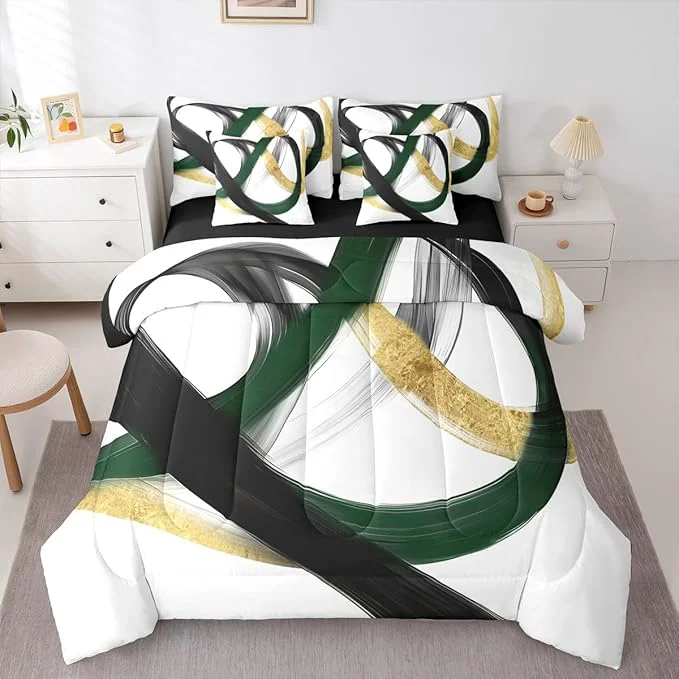 Durable Erosebridal Abstract Black Gold 7 Piece Comforter Set Full Geometric Green Minimalist Lines Bedding Set Modern Ink Painting Stripes Quilt Simple Aesthetic Fashion Neutral Sheet Set for Men Soft