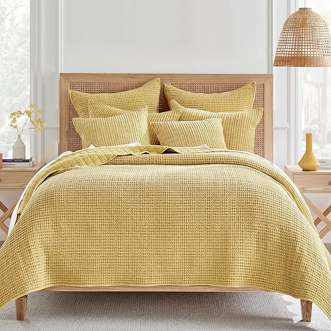Contemporary Levtex Home Mills Waffle Full Queen Quilt Set 88x92in with 2 Pillow Shams 26x20in - Ochre - Cotton Waffle Full Queen Size Quilt Bedding Set - Lightweight Soft Pre-Washed Green