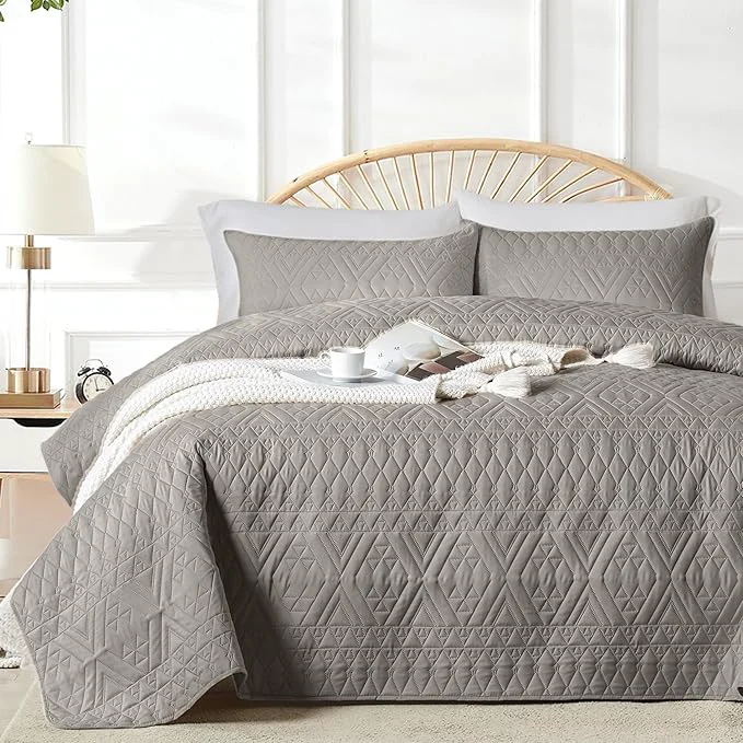 Functional akkialla Full Queen Size Quilt Bedding Set Dark Grey Lightweight Microfiber Soft Bedspread Modern Style Geoetric Pattern Coverlet Set for All Seasons 3 Piece 1 Quilt 2 Pillow Shams