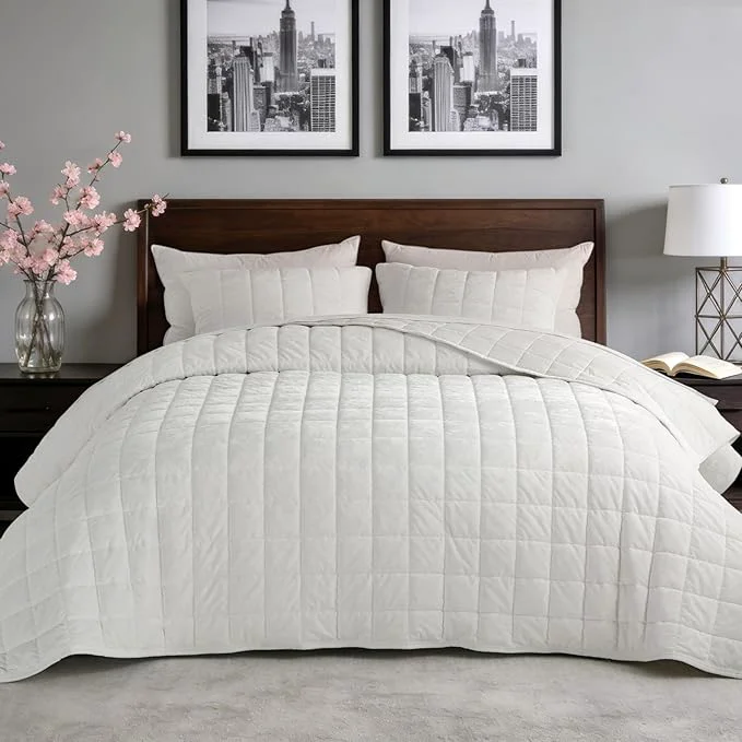 High-Grade Greek Velvet Twin Quilt Set 3× Softer Luxe Sheen Cotton Backing 150GSM Down- Fill Expanded 68×90 quot Coverage for Fuller Side Drape 1 Quilt 1 Pillow Shams Brilliant White Proven