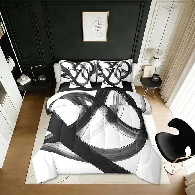 Sophisticated Erosebridal Abstract Modern Black White 7 Piece Comforter Set Full Bed in A Bag Neutral Minimalist Lines Bedding Set for Boys Men Geometric Sheet Set Contemporary Art Simple Quilt Room Decor Natural