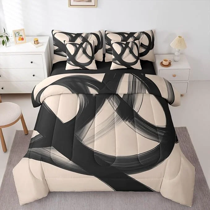 Original Erosebridal Abstract Modern Black Beige 7 Piece Comforter Set King Bed in A Bag Neutral Minimalist Lines Bedding Set for Boys Men Geometric Sheet Set Contemporary Art Simple Quilt Room Decor Proven