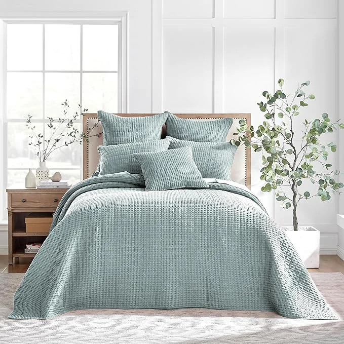 High-Grade Levtex Home Mills Waffle Full Bedspread Set 100x104in with 2 Pillow Shams 26x20in - Spa - Cotton Waffle Full Size Bedspread Set - Lightweight Soft Pre-Washed Textured Excellent
