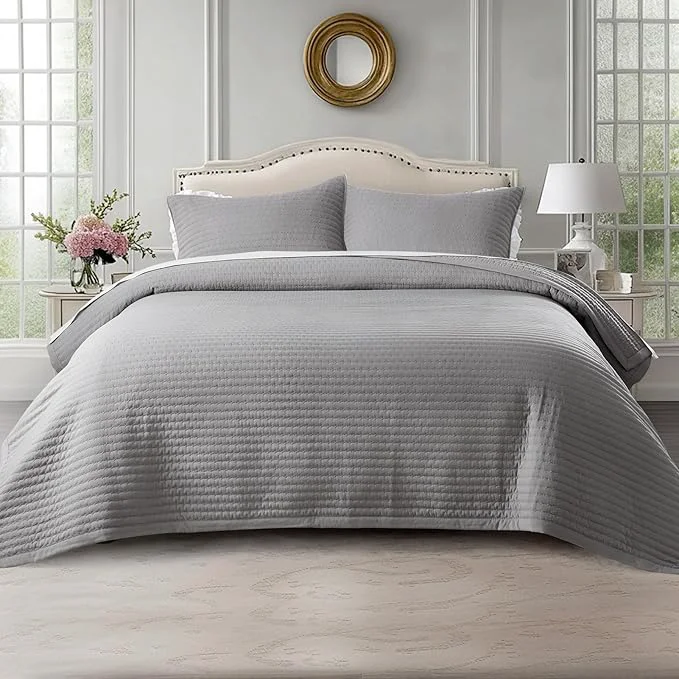Safe Kasentex KWX1804-GY Quilt Mini Set-Stone Washed-Super Soft Bedspread-Light Weight-White Down Microfiber Fill-Machine Washable-Solid Colors Twin 2 Shams Grey Fine