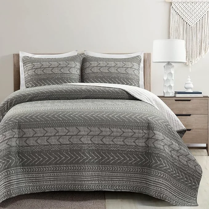 First-Class Lush Decor Hygge Geo Pattern Striped 3 Piece Quilt Bedding Set Full Queen Charcoal User-Friendly