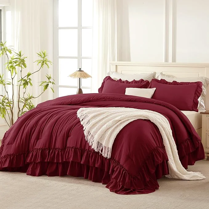 Specialty Andency Burgundy Ruffle Comforter Set King Shabby Chic Farmhouse Bedding Comforter Soft Lightweight Fluffy Polyester Bet Set All Season 3 Pieces Solid Comforter Set Expertly Made