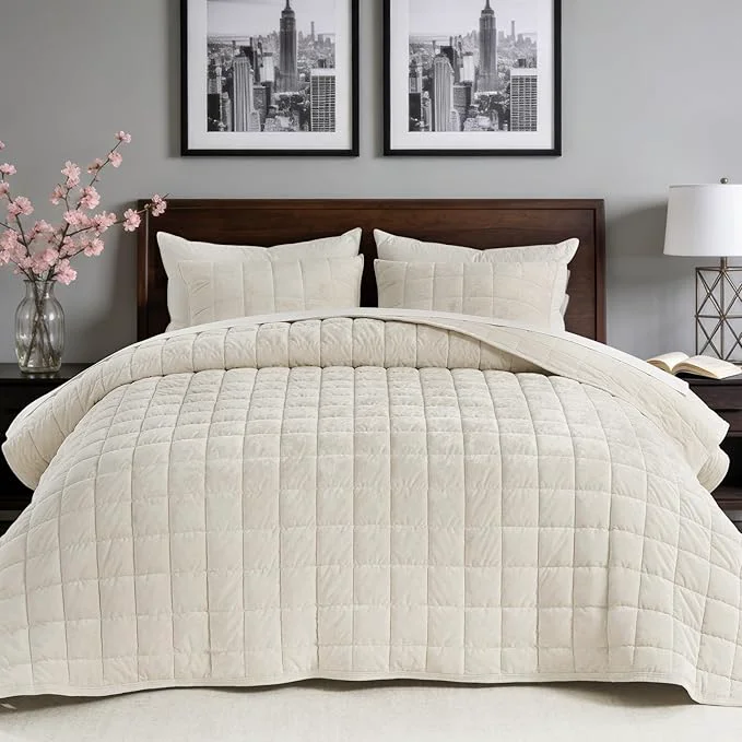 World-Class Greek Velvet King Quilt Set Ultra-Soft Luxe Sheen Cotton Backing 150GSM Down- Fill Expanded 108×98 quot Coverage for Fuller Side Drape 1 Quilt 2 Pillow Shams Whisper White Excellent