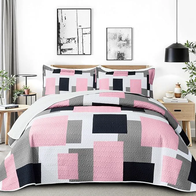 Detailed 3 Piece Pink Grey Quilt Set Full Queen Size Pink Gray White Geometric Reversible Bedding Set Microfiber Lightweight Bedspread Coverlet with 2 Shams Modern Bed Cover for All Season 90 39 39 x96 39 39 Excellent