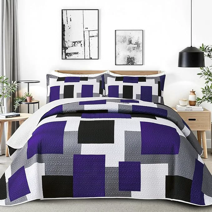Sophisticated 3 Piece Dark Purple Grey Quilt Set Full Queen Size Black White Geometric Reversible Bedding Set Microfiber Lightweight Bedspread Coverlet with 2 Shams Modern Bed Covers for All Season 90 39 39 x96 39 39 Professional