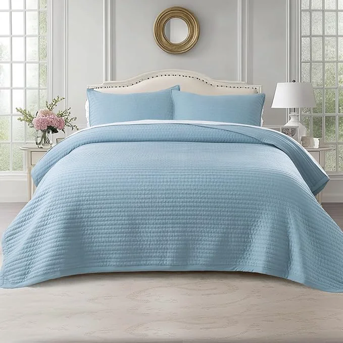 Reliable KASENTEX Twin Quilt Set 68 quot x86 quot – Soft Washed 3-Layer Lightweight Bedspread Minimalist Nordic Design All-Season Spring amp Summer Quilt Set 1 Quilt 2 Pillow Shams Blue Top-Quality