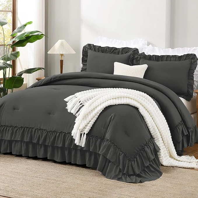 High-End Andency Dark Gray California King Comforter Set 3 Pieces Lightweight Fluffy Farmhouse Shabby Chic Bedding Comforter Sets Soft Polyester All Season Cal King Bed Set 104x96Inch