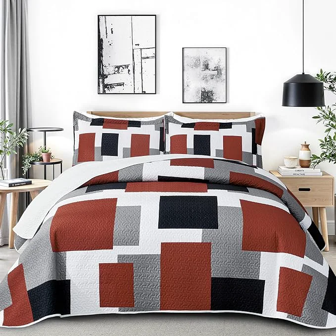 Breathable 3 Piece Burnt Orange Grey Quilt Set California King Size Black White Geometric Reversible Bedding Set Microfiber Lightweight Bedspread Coverlet with 2 Shams Bed Cover for All Season 118 39 39 x106 39 39 Verified