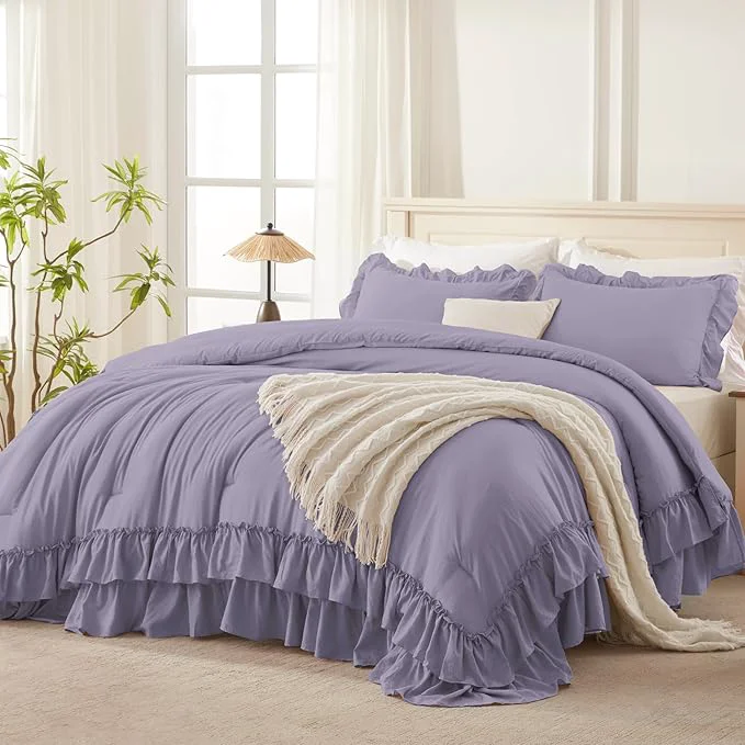 High-Performance Andency Grayish Purple Comforter Set Queen Size Lightweight Fluffy Farmhouse Ruffle Bedding Set Soft Polyester All Season Shabby Chic Bed Comforter Set 3 Pieces 1 Comforter 2 Pillowcases Green