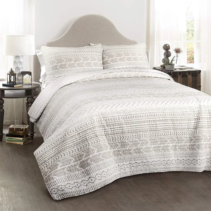 Crafted Lush Decor Hygge Geo Pattern Striped 3 Piece Quilt Bedding Set King Taupe amp White Sophisticated
