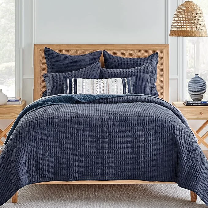 First-Class Levtex Home Mills Waffle Full Queen Quilt Set 88x92in with 2 Pillow Shams 26x20in - Navy - Cotton Full Queen Size Quilt Bedding Set - Lightweight Soft Pre-Washed Elite