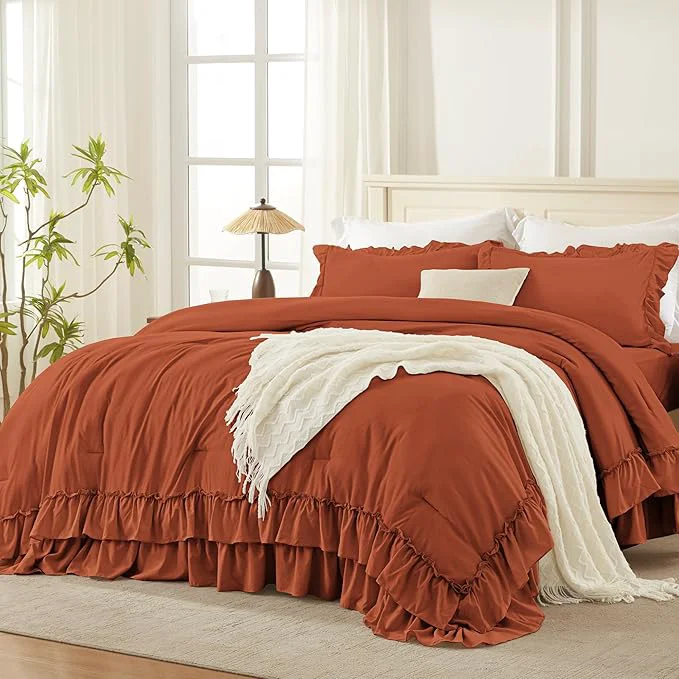 Effective Andency Terracotta King Comforter Set 104x90Inch 3 Pieces Ruffle Bedding Set with 2 Pillowcases Farmhouse Shabby Chic Lightweight Fluffy Soft All Season Bed Set Burnt Orange Dependable