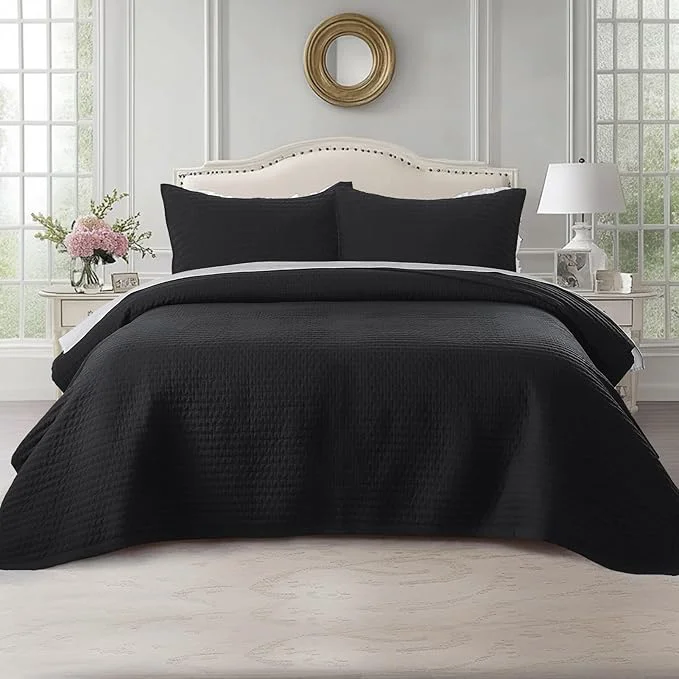 Exclusive Oversized King Quilt Set 112 quot x106 quot – Soft Washed 3-Layer Lightweight California King Bedspread Minimalist Nordic Design All-Season Spring amp Summer Quilt Set 1 Quilt 2 Pillow Shams Jet Black Eco-Friendly