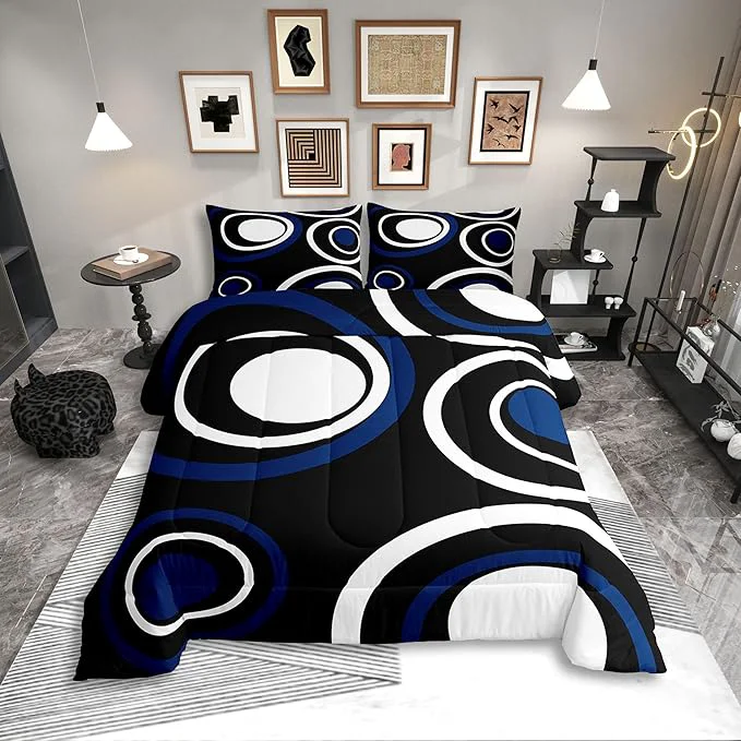 Original Design Erosebridal Black Blue Vortex Queen Comforter Set for Adult Women Men Chic Geometric Abstract Mens Bedding Set Striped Aesthetic Circles Bed Set Boho Modern Quilt Set Comfortable