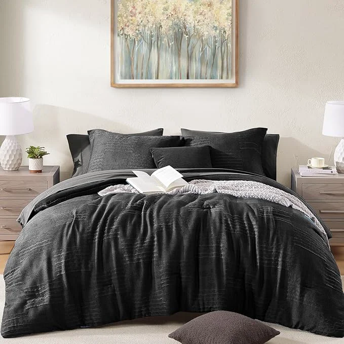 Innovative MaiRêve King Comforter Set Black Textured Design Crinkle Bedding Sets 7 Pieces All Season Bed in A Bag with Comforter Sheets Pillowcases amp Shams Soft