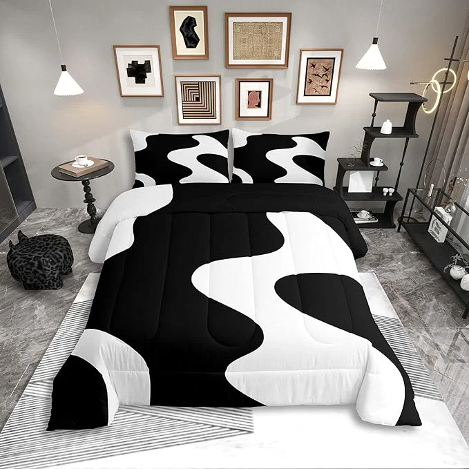 Detailed Erosebridal White and Black Abstract Bedding Set Full Size Boho Geometric Striped Comforter Set for Adult Women Men Minimalist Modern Art Bed Sets Simple Aesthetic Modern Duvet Quilt Sets Classic