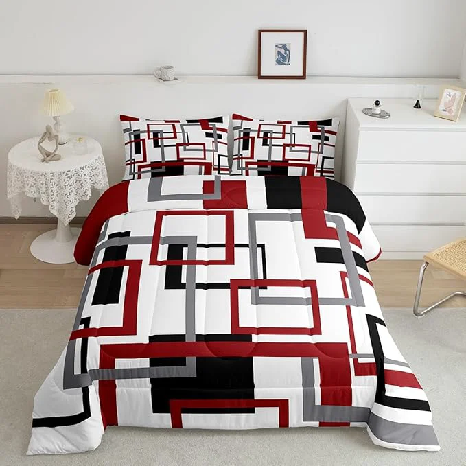 Artisan Erosebridal Square Comforter Set for Teens Youth Black White Red Bedding Set Geometric Quilt Set Modern Bedroom Decor Mid Century Grid Duvet Insert with 2 Pillowcases All Season Full Practical