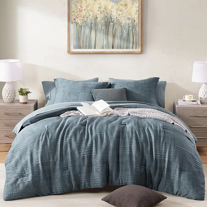 Organic MaiRêve Full Size Comforter Sets Dusty Blue Textured Design Crinkle Bedding Sets 7 Pieces All Season Bed in A Bag with Comforter Sheets Pillowcases amp Shams Premium Material