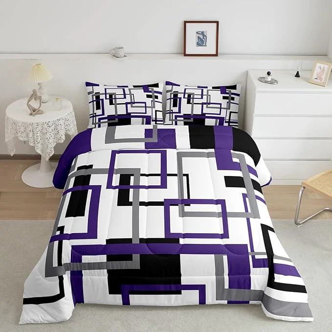 Trusted Erosebridal Geometric Comforter Set for Kids Boys Girls Vintage Black White Grey Purple Bedding Set Twin Size Modern Farmhouse Quilt Bedroom Decor Striped Pattern Duvet Insert with 1 Pillow Sham Enhanced