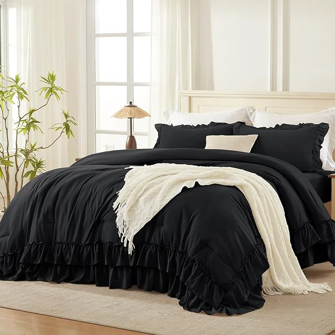 Casual Andency Super King Plus Ruffle Comforter Set 128x120 3 Pieces Farmhouse Shabby Chic Bedding Set for Adults Soft Lightweight Oversized California King Comforter Set 1 Comforter 2 Pillowcases Black Responsible