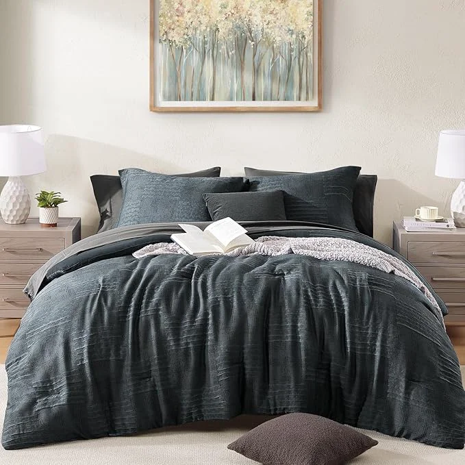 Original MaiRêve Queen Comforter Set Blue Grey Textured Design Crinkle Bedding Sets 7 Pieces All Season Bed in A Bag with Comforter Sheets Pillowcases amp Shams Versatile