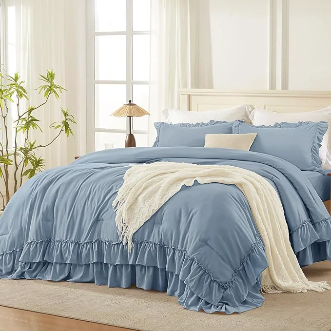 Recyclable Andency Oversized Queen Ruffle Comforter Set 3 Pieces Shabby Chic Farmhouse Bedding Set Lightweight Soft Comforter Set 98x98 for Girls Women 1 Comforter 2 Pillowcases Grayish Blue