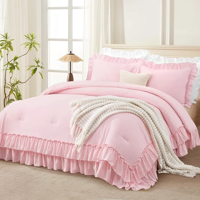 Reusable Andency Pink Twin Size Comforter Set 66x90Inch 2 Pieces 1 Ruffle Comforter and 1 Pillowcase Lightweight Fluffy Bedding Comforter Sets for Kids All Season Soft Polyester Bedding Set Fine Crafted