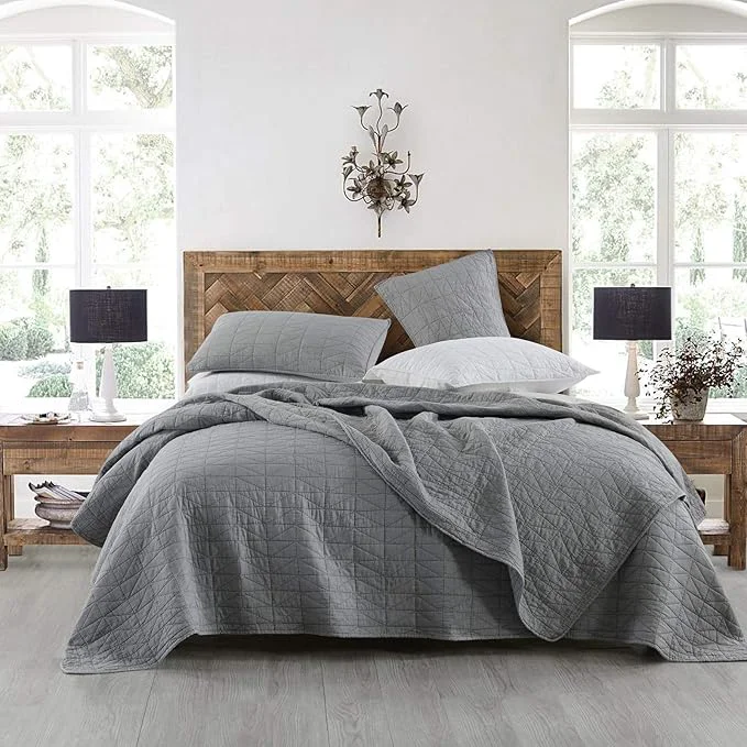 Original Design HORIMOTE HOME Quilt Set King Size Stone-Washed Chic Rustic Grey Coverlet with Classic Triangle Stitched Pattern Ultra Soft Lightweight Quilted Bedspread for All Season 3 Pieces High-Grade