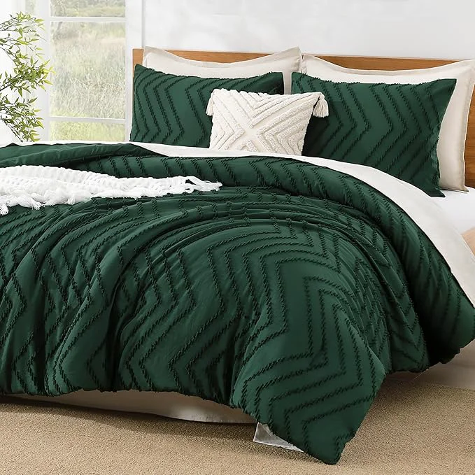 Superior Litanika Oversized King Size Comforter Set 120x98 Dark Emerald Green 3 Pieces Chevron Tufted Quilt Forest Green Bedding Comforter Sets Fluffy Bed Set Exclusive
