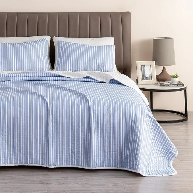Advanced Great Bay Home Striped Quilt Set - 3-Piece Full Queen Size Pattern Bedding Set - Lightweight All-Season Reversible Bedspread Blue Casual