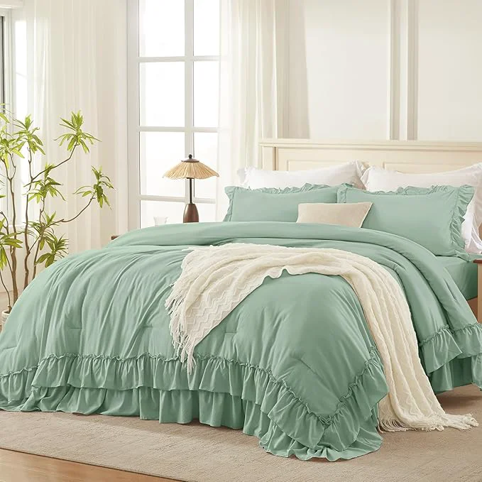 Selected Andency Sage Green Queen Comforter Set 3 Pieces Lightweight Farmhouse Shabby Chic Ruffle Bedding Comforter Sets for Queen Bed Fluffy Soft Polyester All Season Bed Set 90x90Inch Enhanced
