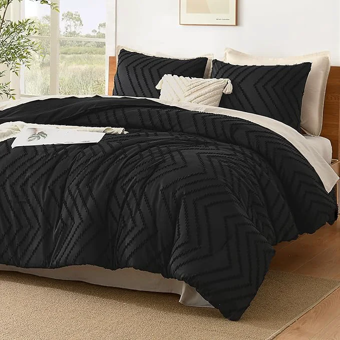 Classic Litanika Oversized King Comforter Set 120x98 3 Pieces Boho Chevron Tufted Bedding Comforter Sets Fluffy Bed Set Black Stylish
