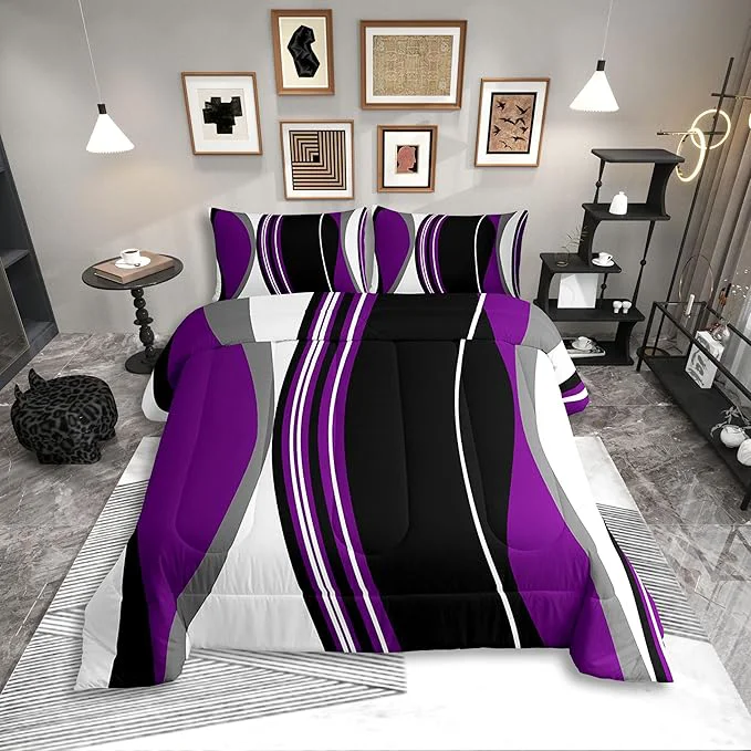 Erosebridal Purple Black Abstract Toddler Comforter Grey Modern Striped Bedding Set Geometric Stripes Lines Duvet Insert Contemporary Art Boho Bed Sets for Minimalist Superior
