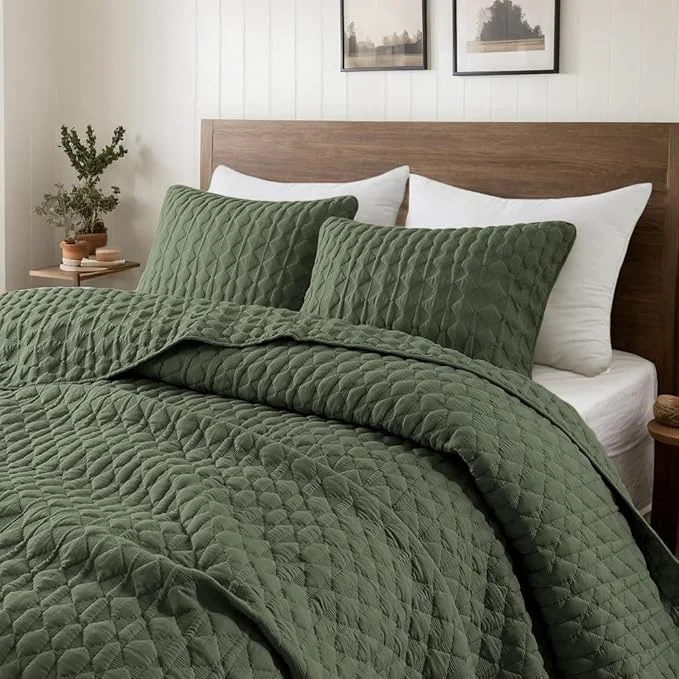 Exclusive WDCOZY Olive Green Quilt King Size Bedding Set with 2 Pillow Shams Lightweight Soft Bedspread Coverlet Thin Comforter Bed Cover for All Season 3 Pieces 104x90 inches Premium
