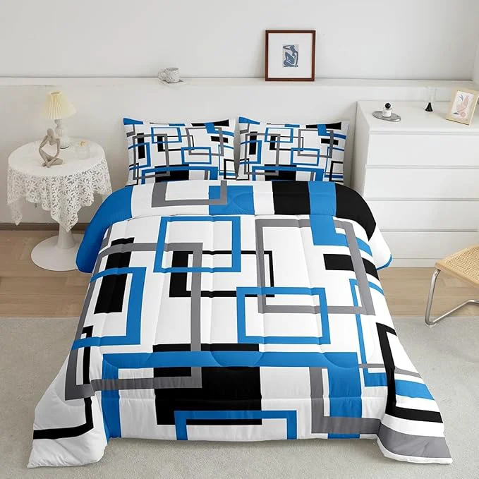 Safe Erosebridal Blue Black White Grey Comforter Sets for Adult Geometric Bedding Set Full Size Colorful Square Quilt Set 3D Abstract Grid Duvet Insert with 2 Pillowcases Home Room Decor High-Performance
