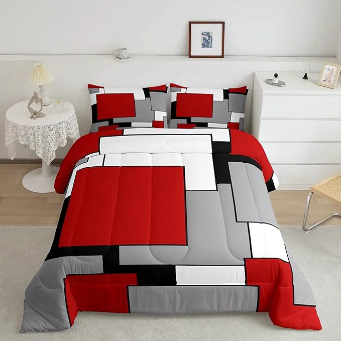 Crafted Erosebridal Red Grey Black White Comforter Set for Women Men 3D Modern Square Bedding Set Full Size Geometric Quilt Set Square Grid Patchwork Down Comforter with 2 Pillowcases Ultra Soft High-End