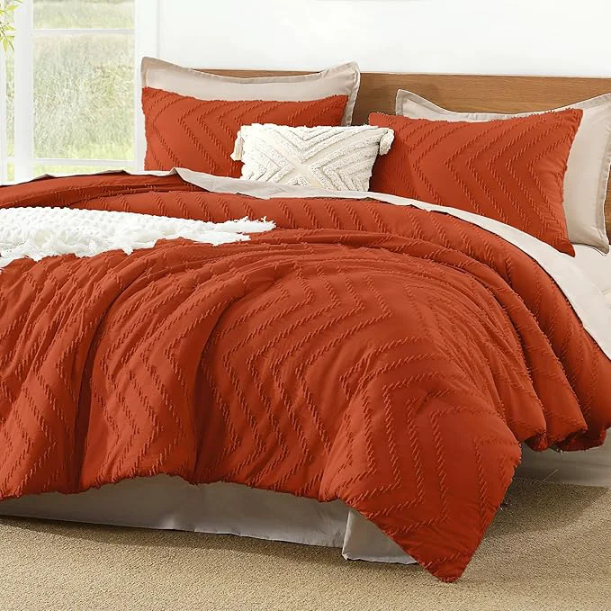 Lightweight Litanika Oversized King Comforter Set Super King Plus Size 128x120 3 Pieces Burnt Orange Terracotta Chevron Tufted Solid Bedding Comforter Sets Fluffy Bed Set Top-Quality