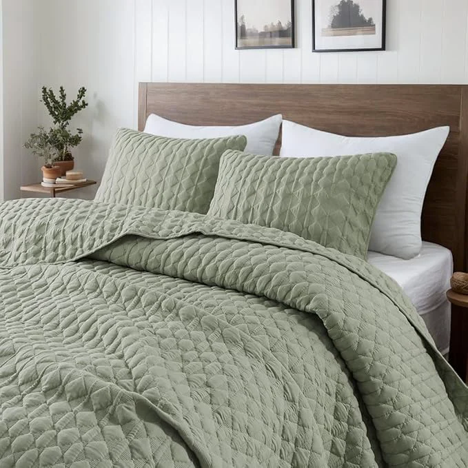 Classic WDCOZY Sage Green Quilt Queen Size Bedding Sets with Pillow Shams Lightweight Soft Bedspread Coverlet Quilted Blanket Thin Comforter Bed Cover All Season Spring Summer 3 Pieces 90x90 inches Convenient