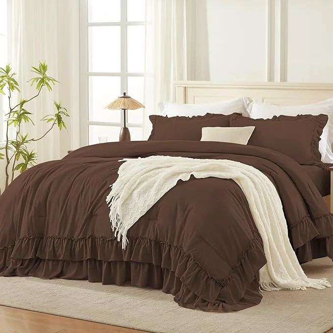 Comfortable Andency Brown Twin Size Comforter Set 2 Pieces Lightweight Fluffy Ruffle Bedding Set for Dorm All Season Soft Farmhouse Shabby Chic Bed Set for Kids College Dorm 66x90In Comforter Original