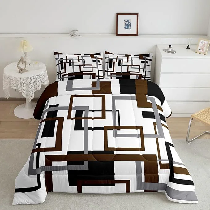Detailed Erosebridal Geometric Comforter Set for Adult Vintage Black and Grey Brown Bedding Set Full Size Modern Farmhouse Quilt Set Home Room Decor Grid Pattern Duvet Insert with 2 Pillow Shams All Season Artisan