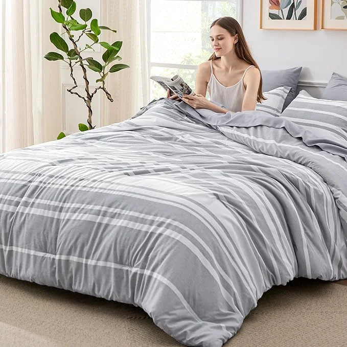 Exceptional Bedsure Full Comforter Set 7 Pieces Grey Striped Bedding Set for All Seasons Reversible Cationic Dyeing Bed in a Bag with Comforter Sheets Pillowcases amp Shams Fashionable