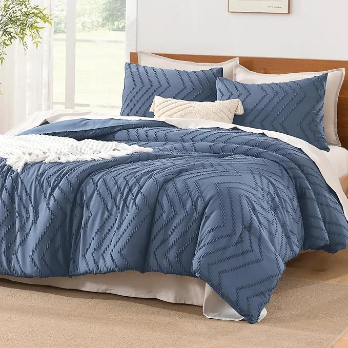 Versatile Litanika Comforter Oversized King Size Set Ocean Blue 3 Pieces Chevron Tufted Solid Bedding Comforter Sets Fluffy Bed Set Elegant
