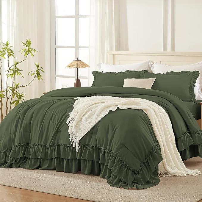 Relaxed Andency Olive Green King Comforter Set 104x90Inch 3 Pieces Ruffle Comforter Set with 2 Pillowcases Farmhouse Shabby Chic Lightweight Fluffy Soft Polyester All Season Bed Set Healthy