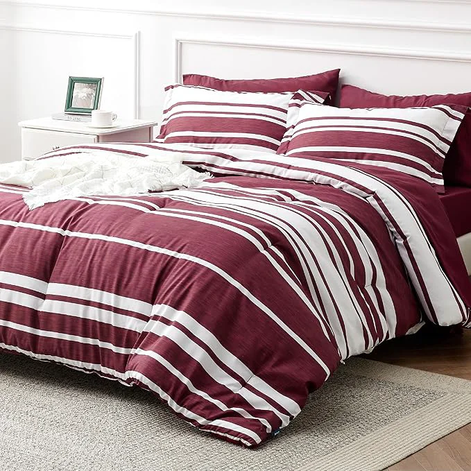 Fine Crafted Bedsure Queen Comforter Set 7 Pieces Burgundy Striped Bedding Set for All Seasons Reversible Cationic Dyeing Bed in a Bag with Comforter Sheets Pillowcases amp Shams Next-Generation