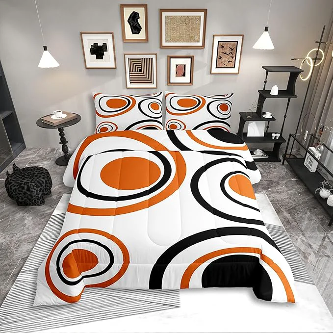 Contemporary Erosebridal Orange Abstract King Bedding Set Modern Geometric Circles Comforter Set for Adult Women Men Boho Art Aesthetic Striped Bed Collections Minimalist Black White Abstract Duvet Quilt Sets Elite